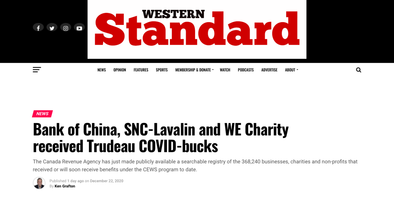 Bank of China, SNC-Lavalin and WE Charity received Trudeau COVID-bucks