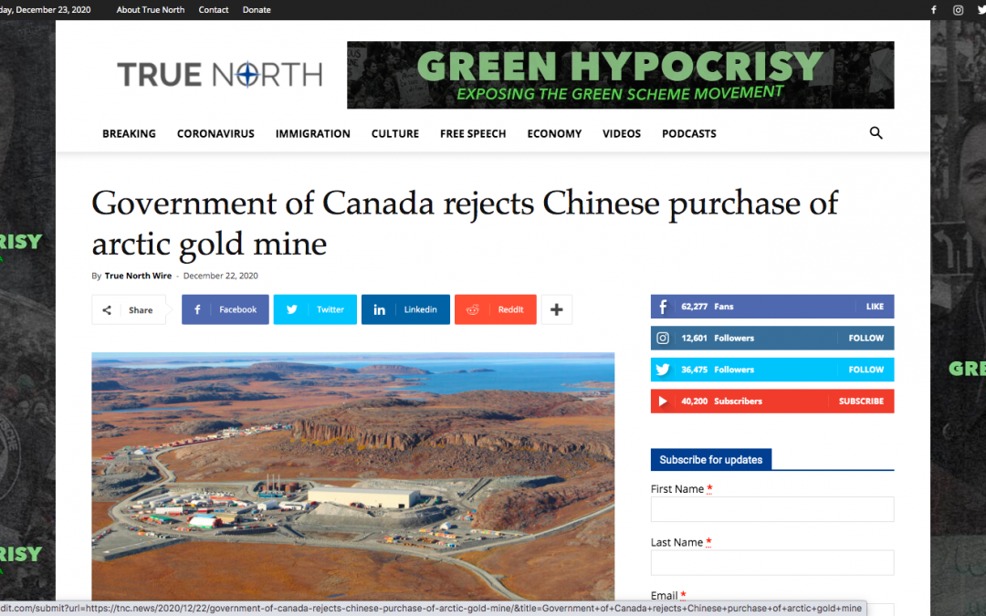 Government of Canada rejects Chinese purchase of arctic gold mine