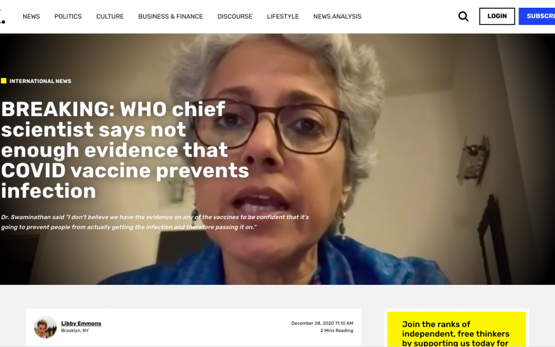 BREAKING: WHO chief scientist says not enough evidence that COVID vaccine prevents infection