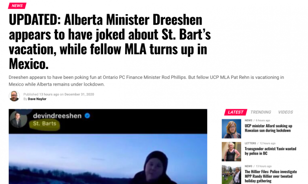 Alberta Minister Devin Dreeshen appears to have joked about St. Bart’s vacation, while fellow MLA turns up in Mexico.