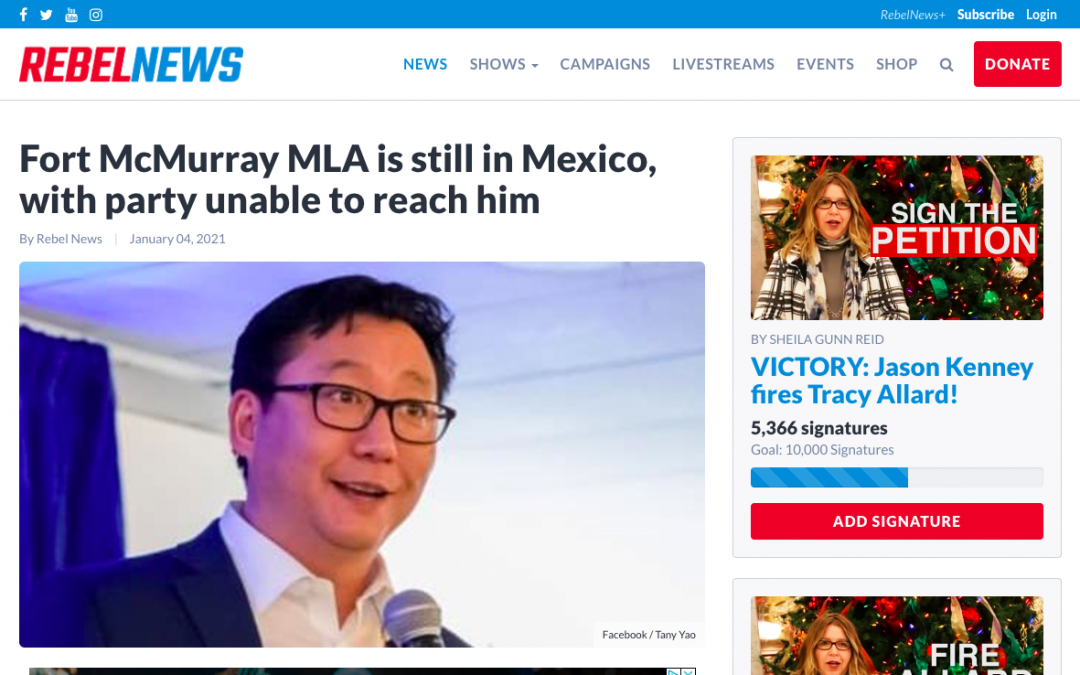 Fort McMurray MLA “Tany Yao” is still in Mexico, with party unable to reach him