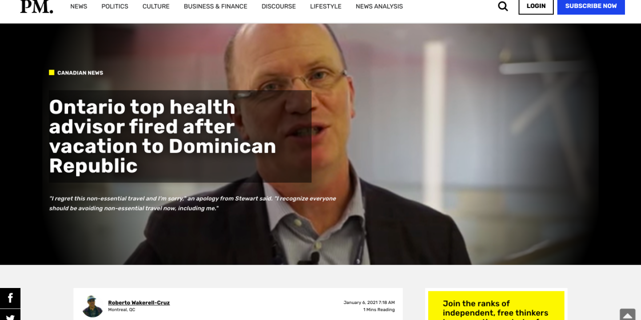 Ontario top health “Dr. Tom Stewart” advisor fired after vacation to Dominican Republic