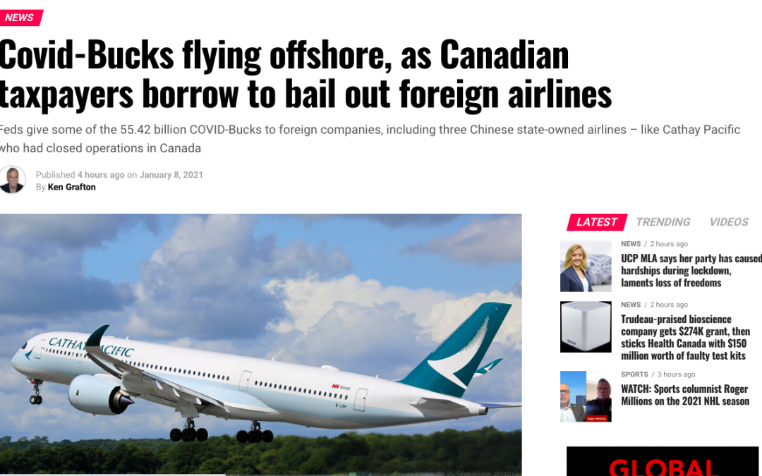 Covid-Bucks flying offshore, as Canadian taxpayers borrow to bail out foreign airlines