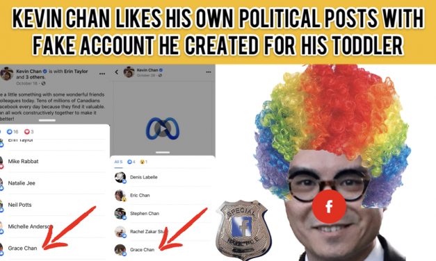 Clown Kevin Chan Facebook head breaks policy and likes his own political posts with the fake account created for his toddler.