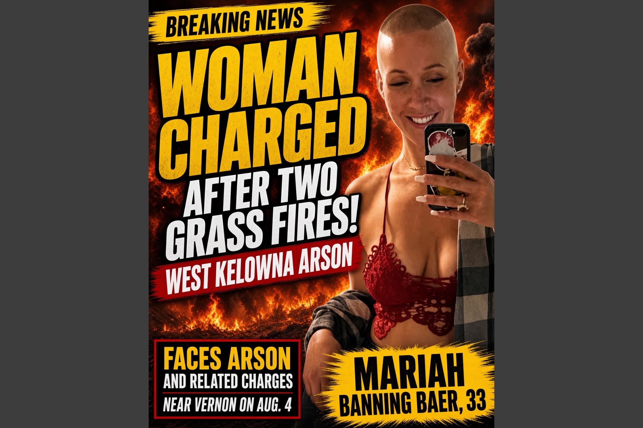 West Kelowna woman Mariah Banning Baer sits in custody charged with deliberately torching grass